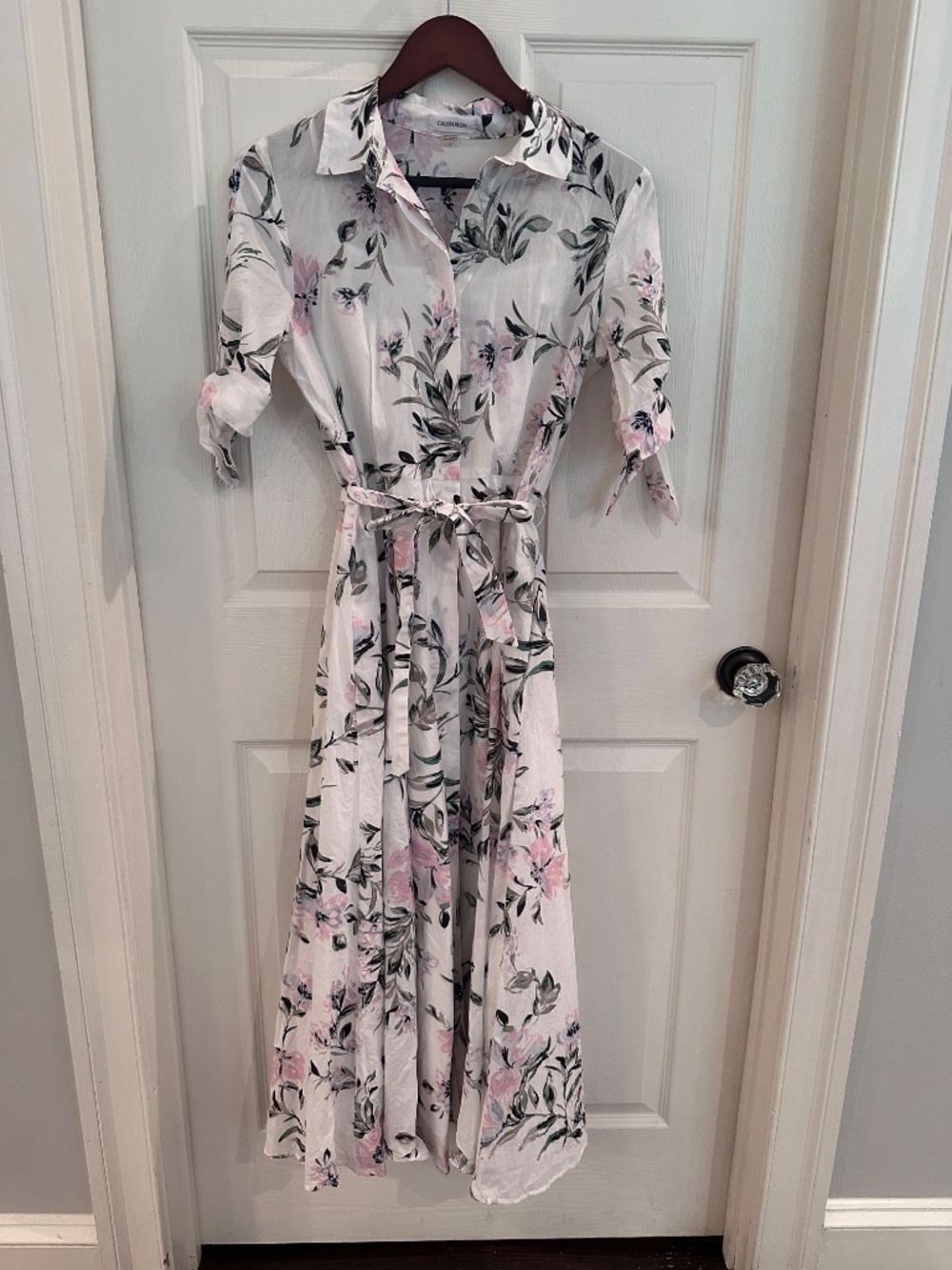 Calvin Klein 4 Floral Cotton Maxi Shirt Dress Belted Cottagecore Romantic Pink S - Picture 5 of 11